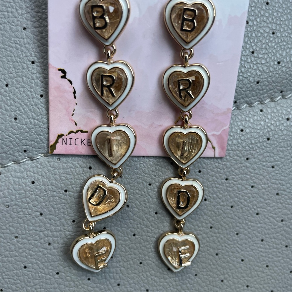 Bride Earrings - Gold and White Heart Drop Earrings